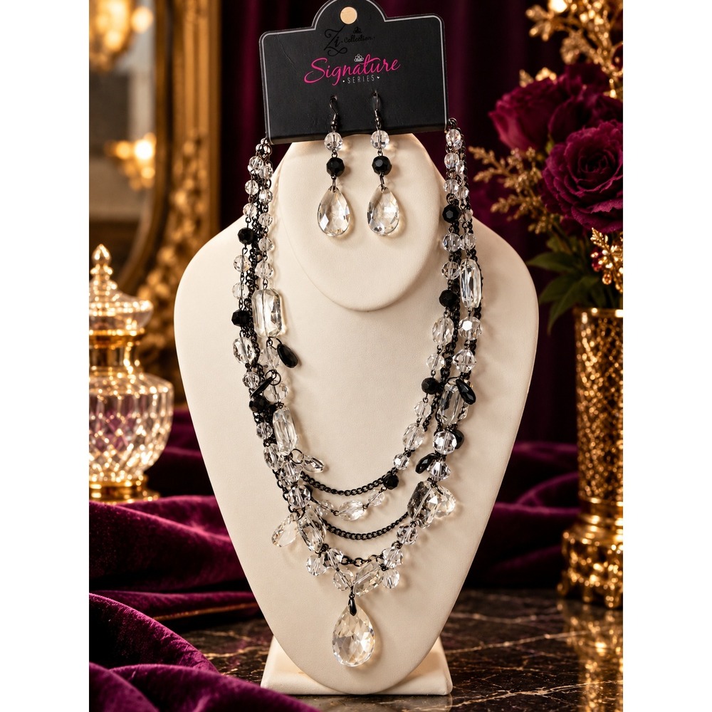 Paparazzi Zi Collection Signature Series Necklace Earring Set Clear Black Beads